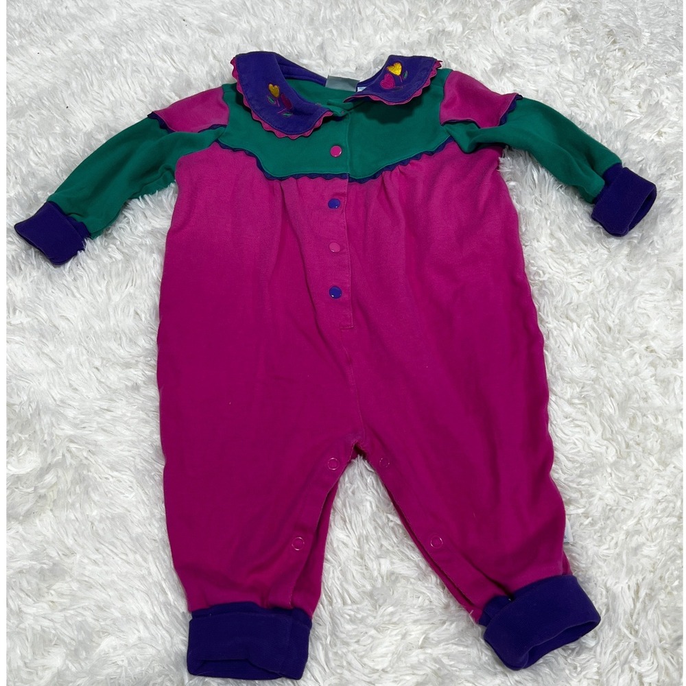 First Moments Baby Colorblock Heart Embroidered Sleeper Romper 3-6 Mos 90s Vtg